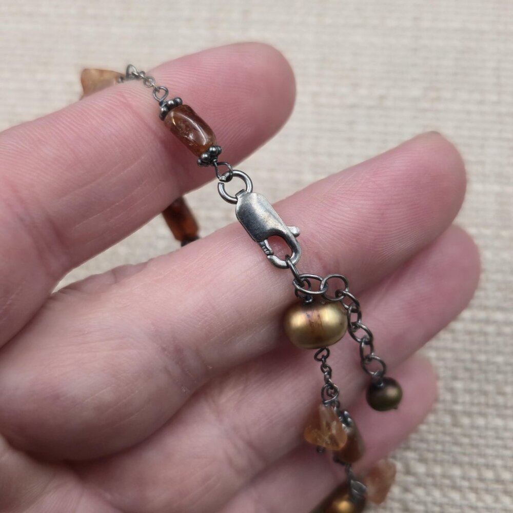 7+1 Inch Sterling Silver Orange Agate And Pearl Tarnished Bracelet A7303 - Picture 5 of 7
